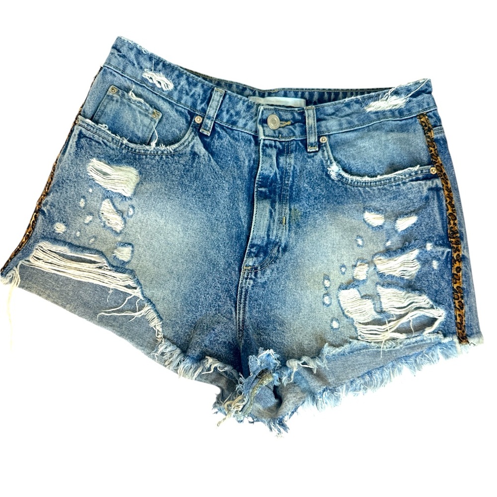 Zara‎ Trafaluc denimwear, Cheetah Side Striped Distressed Jean Shorts Size 8